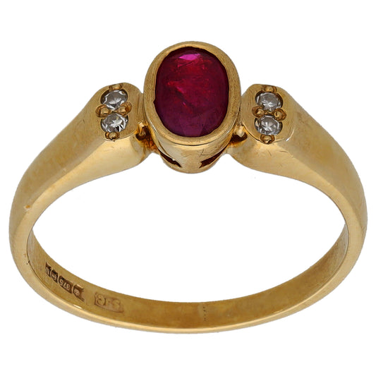 9ct Gold Glass Filled Ruby & 0.04ct Diamond Single Stone Ring With Accents Size M