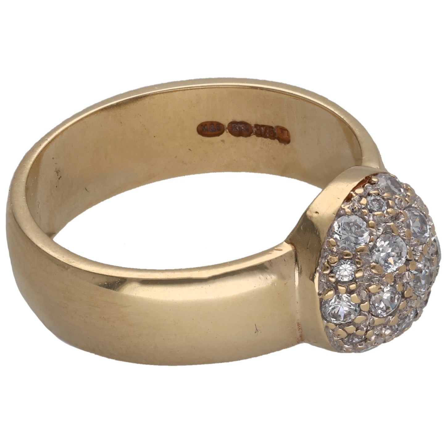 Gold CZ cluster ring with a round stone head on a thick band