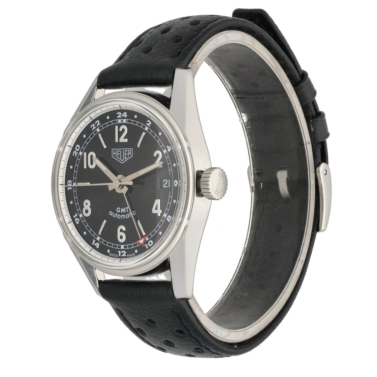 Tag Heuer Carrera GMT WS2113, black dial in stainless steel case and adjustable black leather bracelet, crown angle