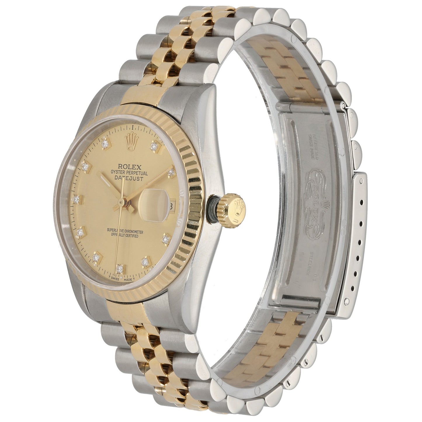 Rolex Datejust 16233 watch side view with champagne dial and gold-and-steel jubilee bracelet