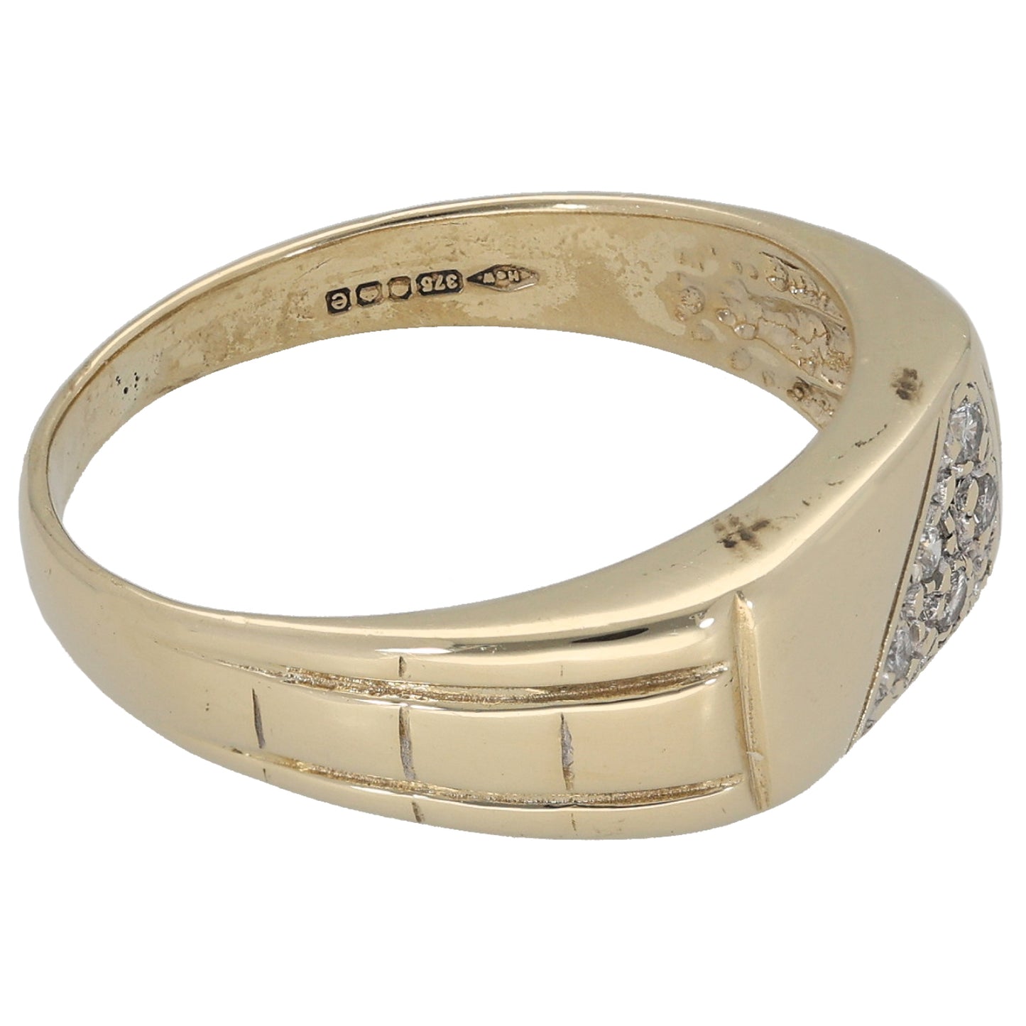 9ct Gold 0.05ct Diamond Patterned Signet Ring Size R