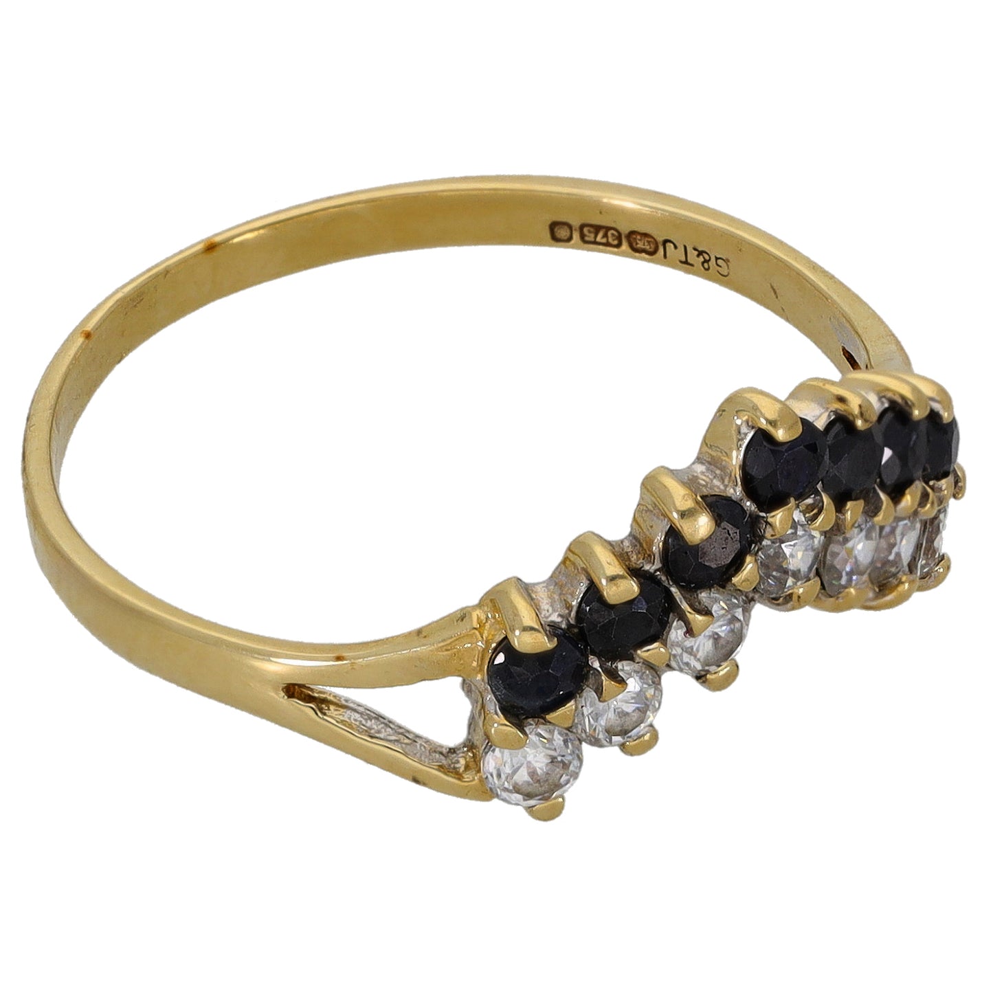 9ct Gold Sapphire & Cubic Zirconia Wishbone Ring Size R
