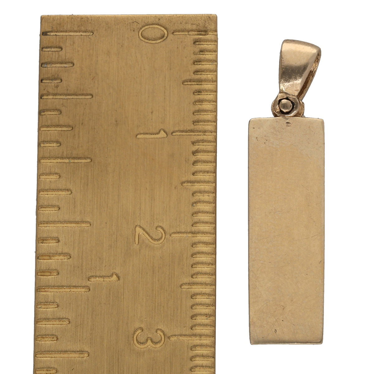 Gold rectangular ingot pendant with top loop bail, plain front and backside
