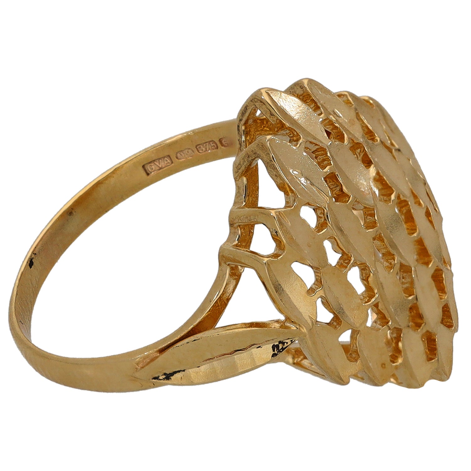 Gold-tone openwork dome ring with arched cutouts and textured band
