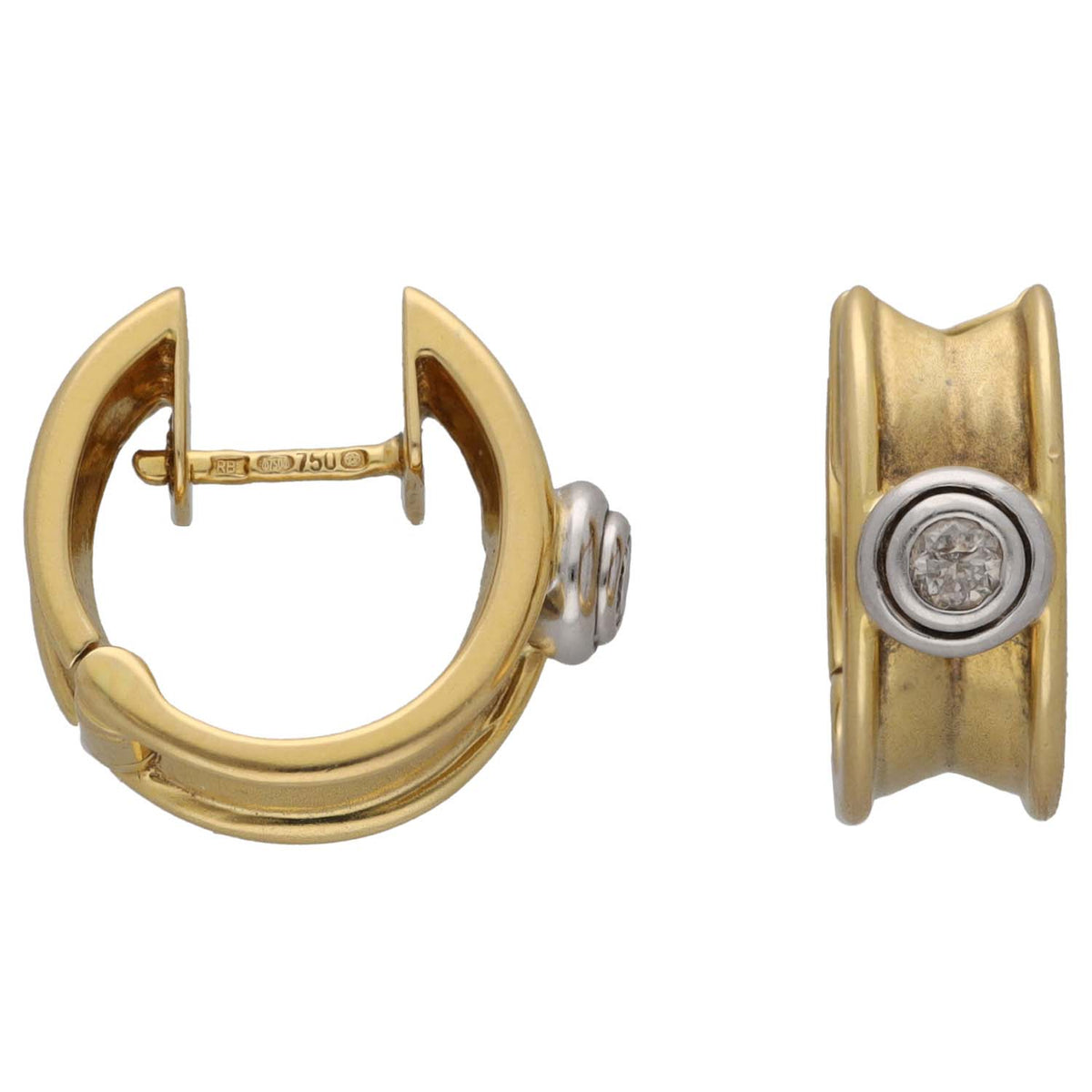 Gold hoop earrings with round diamond bezel, post back clasp