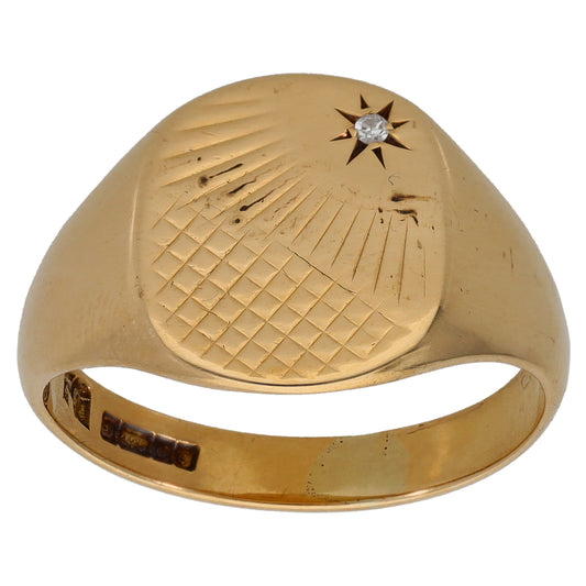 9ct Gold 0.005ct Diamond Patterned Single Stone Signet Ring Size T