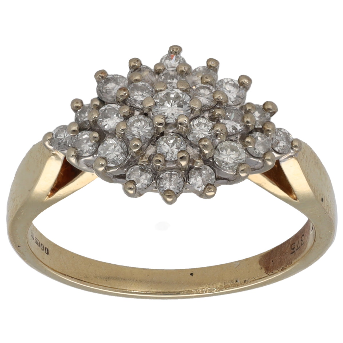 9ct gold diamond cluster ring with round diamonds, scalloped setting, size M