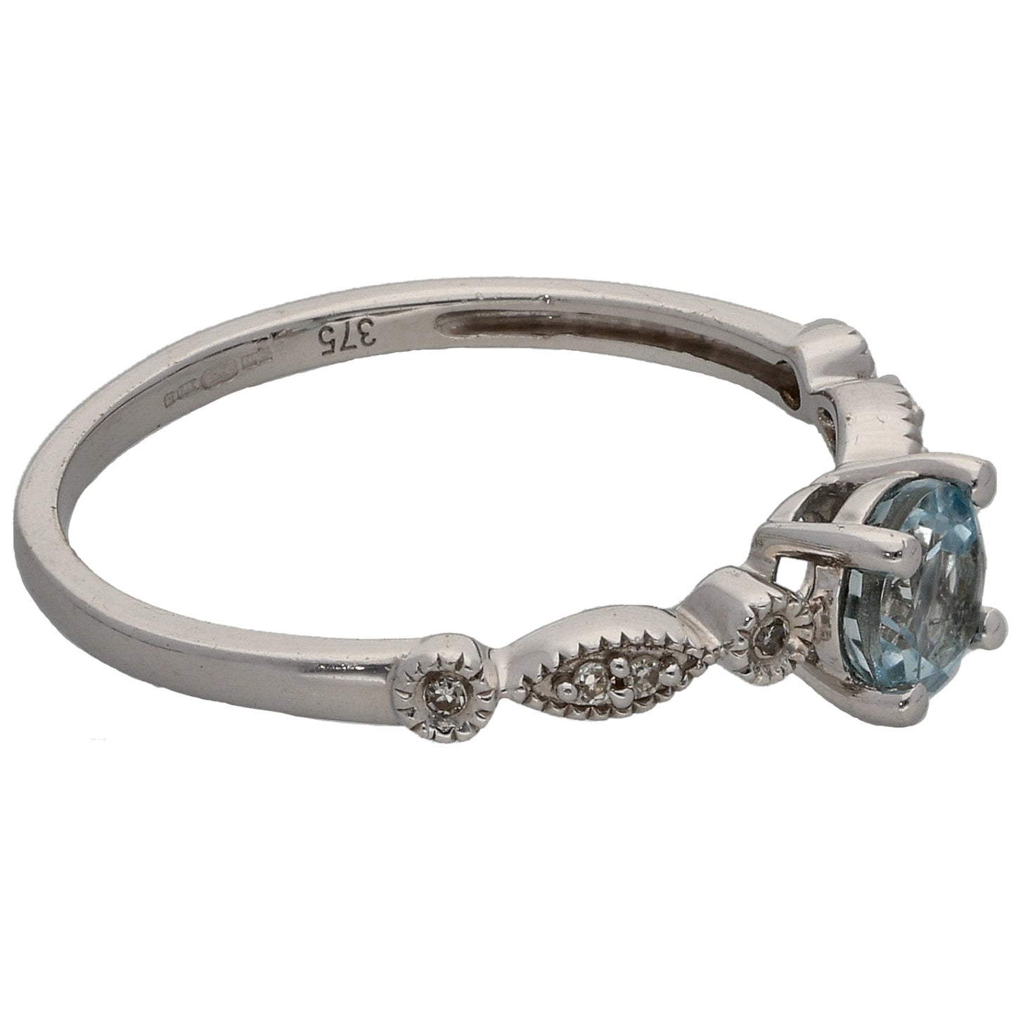 9ct White Gold Aquamarine & 0.04ct Diamond Single Stone Ring With Accents Size N