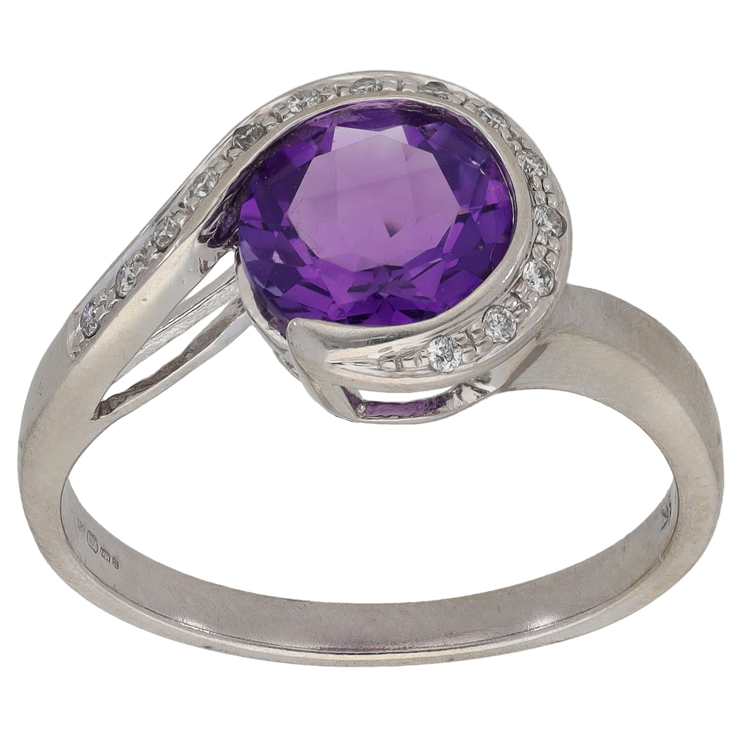 9ct White Gold Amethyst & 0.07ct Diamond Dress/Cocktail Ring Size O