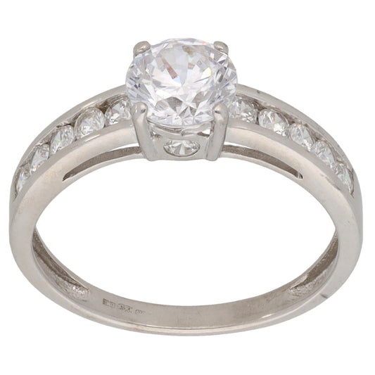 9ct White Gold Cubic Zirconia Single Stone Ring with Accent Stones Size M
