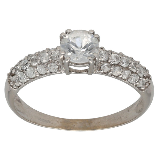 9ct White Gold Cubic Zirconia Single Stone Ring With Accent Stones Size R
