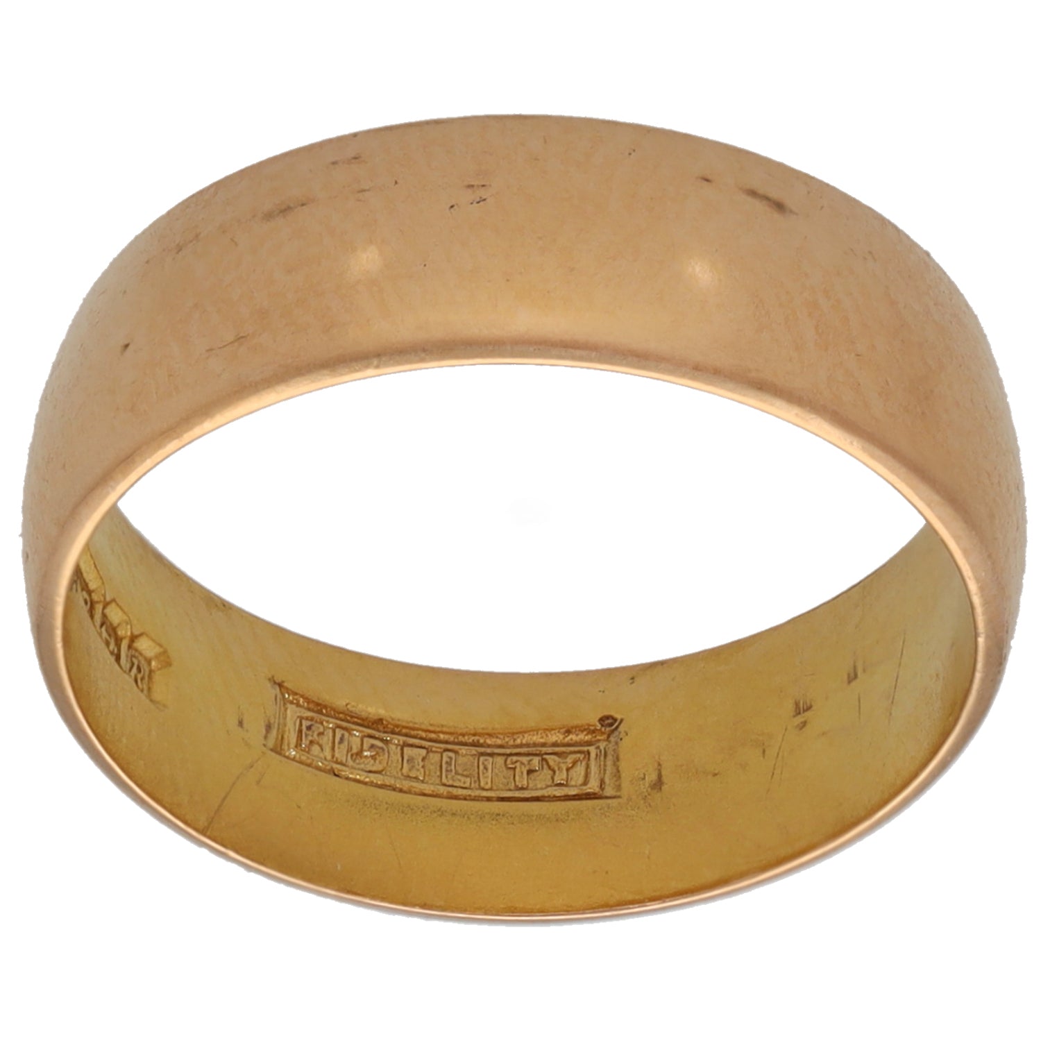 22ct Gold wedding ring, plain band with engraved interior markings