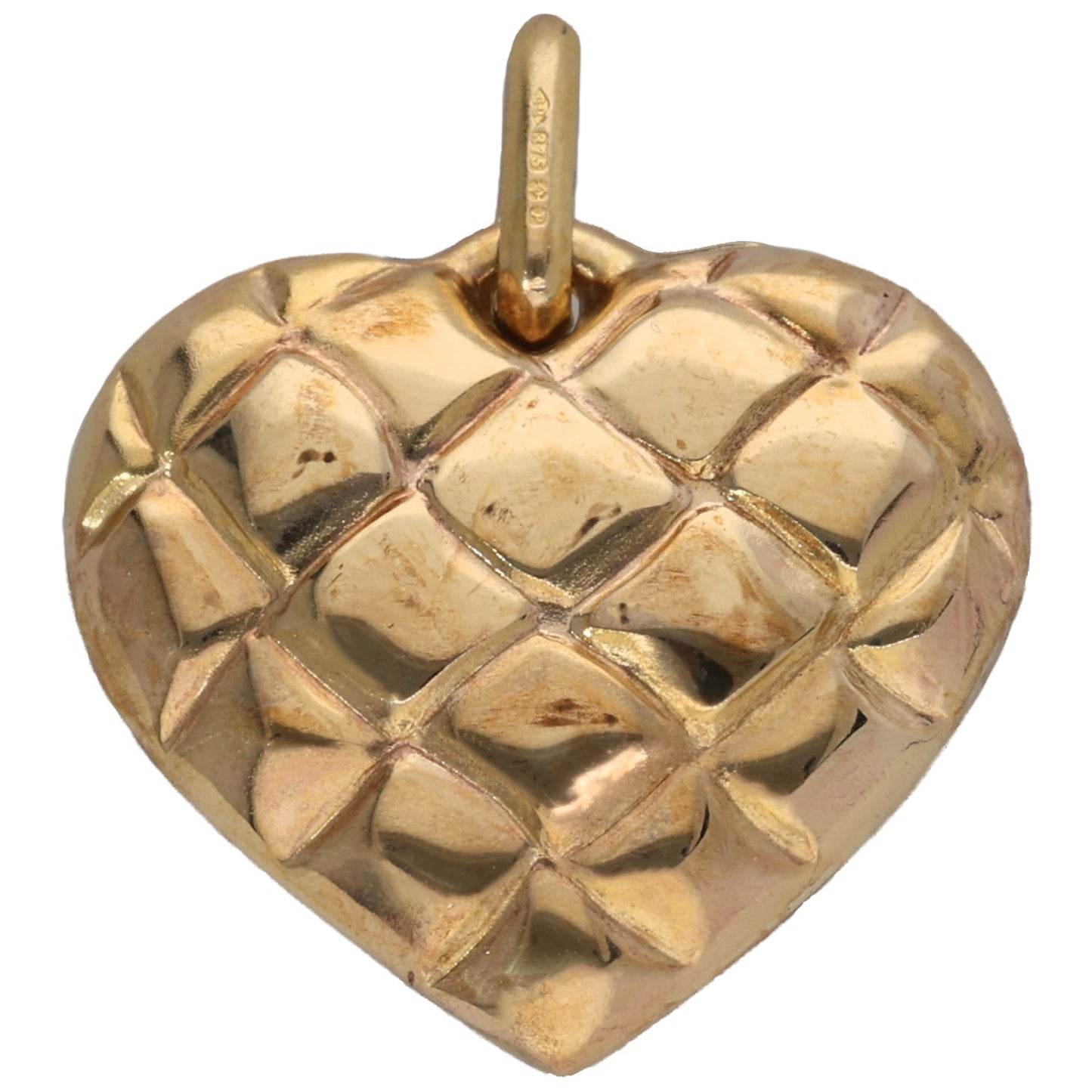 9ct gold heart pendant with textured diamond pattern and top loop bail