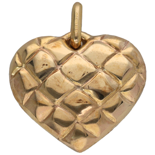 9ct gold heart pendant with textured diamond pattern and top loop bail