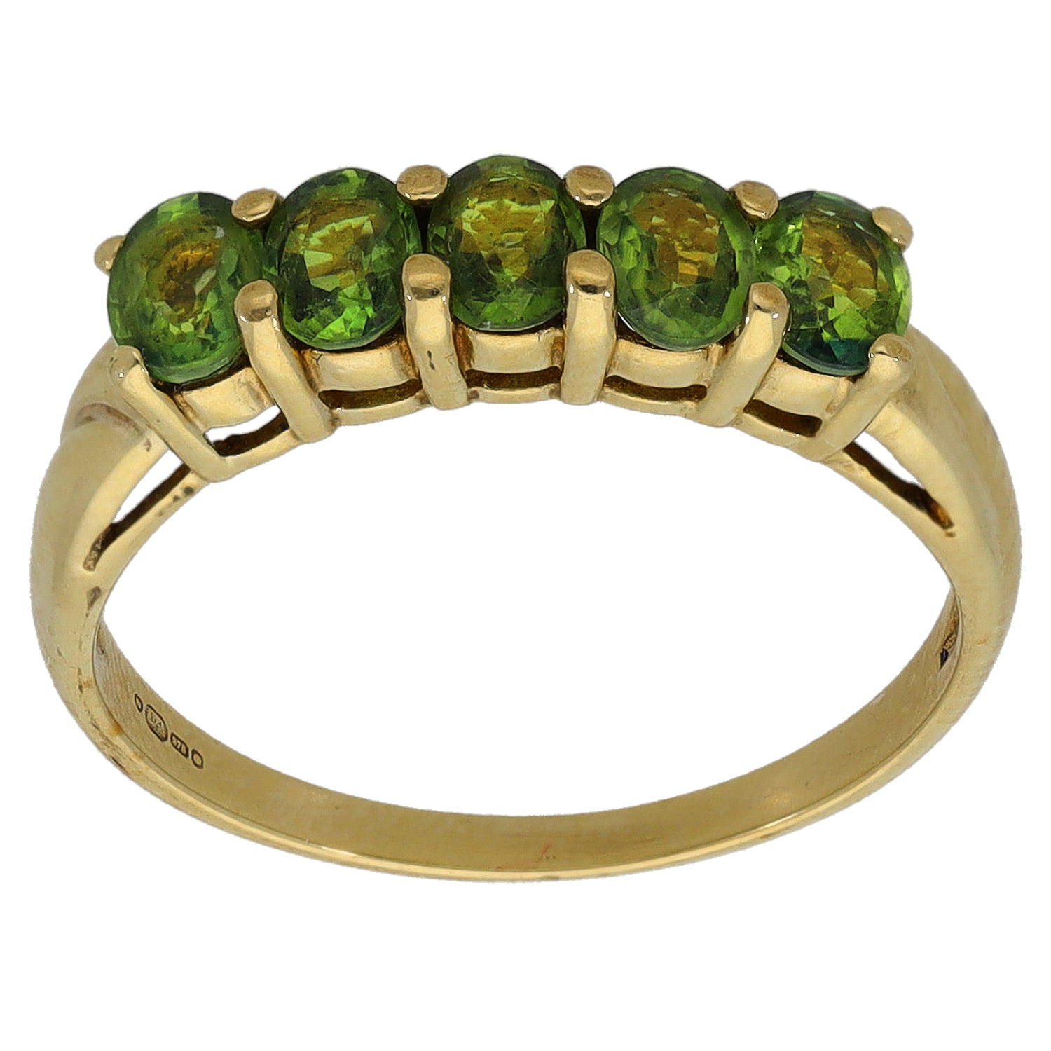 9ct gold half-eternity ring with green oval gemstone rows