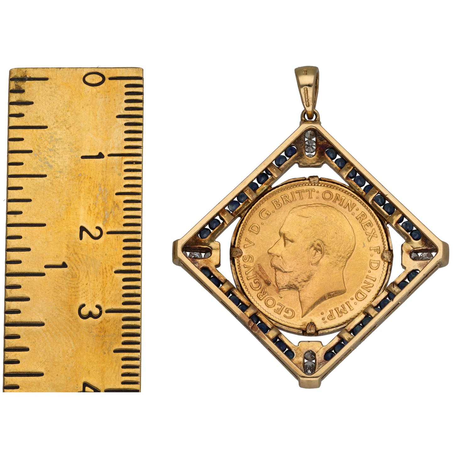 9ct Gold Sapphire & 0.18ct Diamond Half Sovereign Coin Pendant