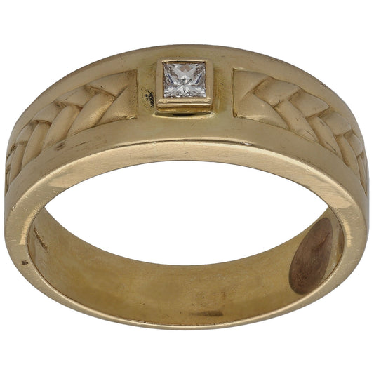 18ct Gold 0.20ct Diamond Patterned Single Stone Signet Ring Size Y