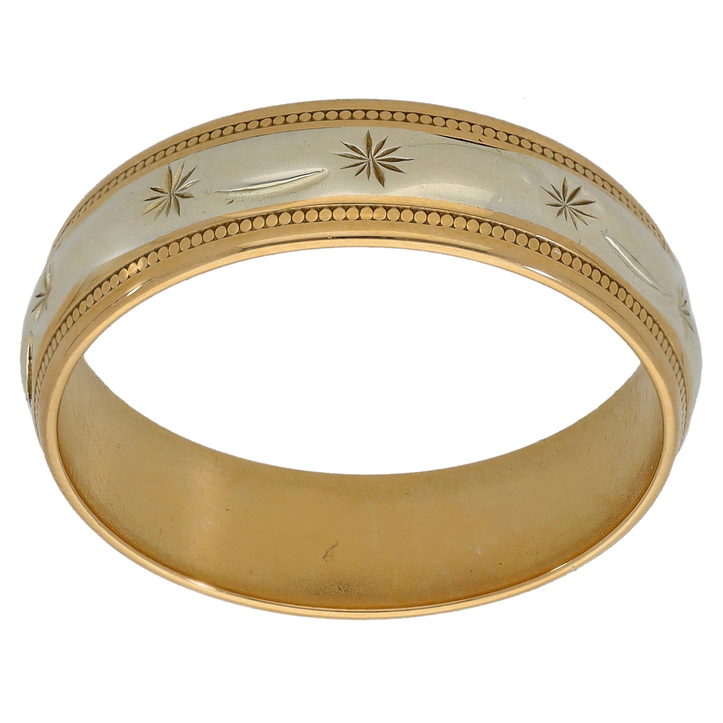 Two-tone gold wedding ring with gold beaded edge and starburst leaf pattern