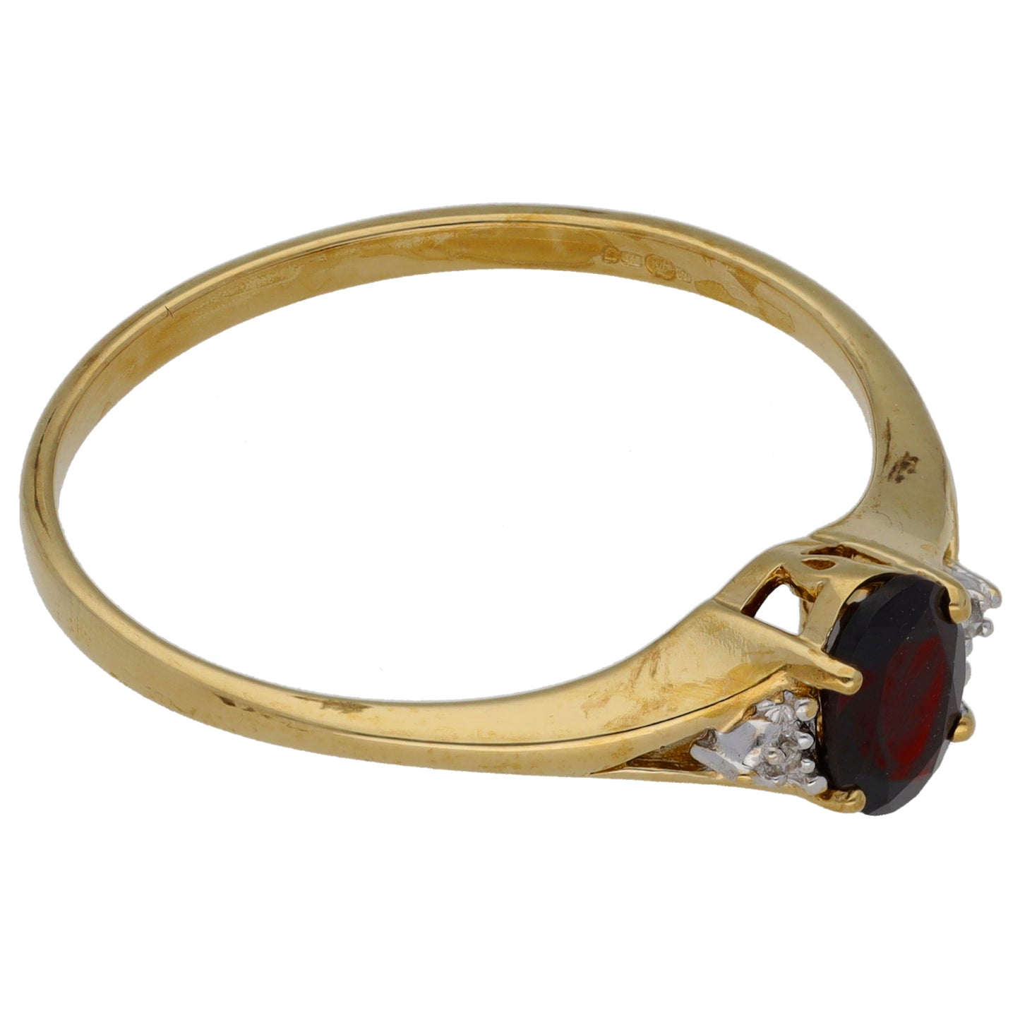9ct Gold Garnet & 0.01ct Diamond Trilogy Ring Size Y