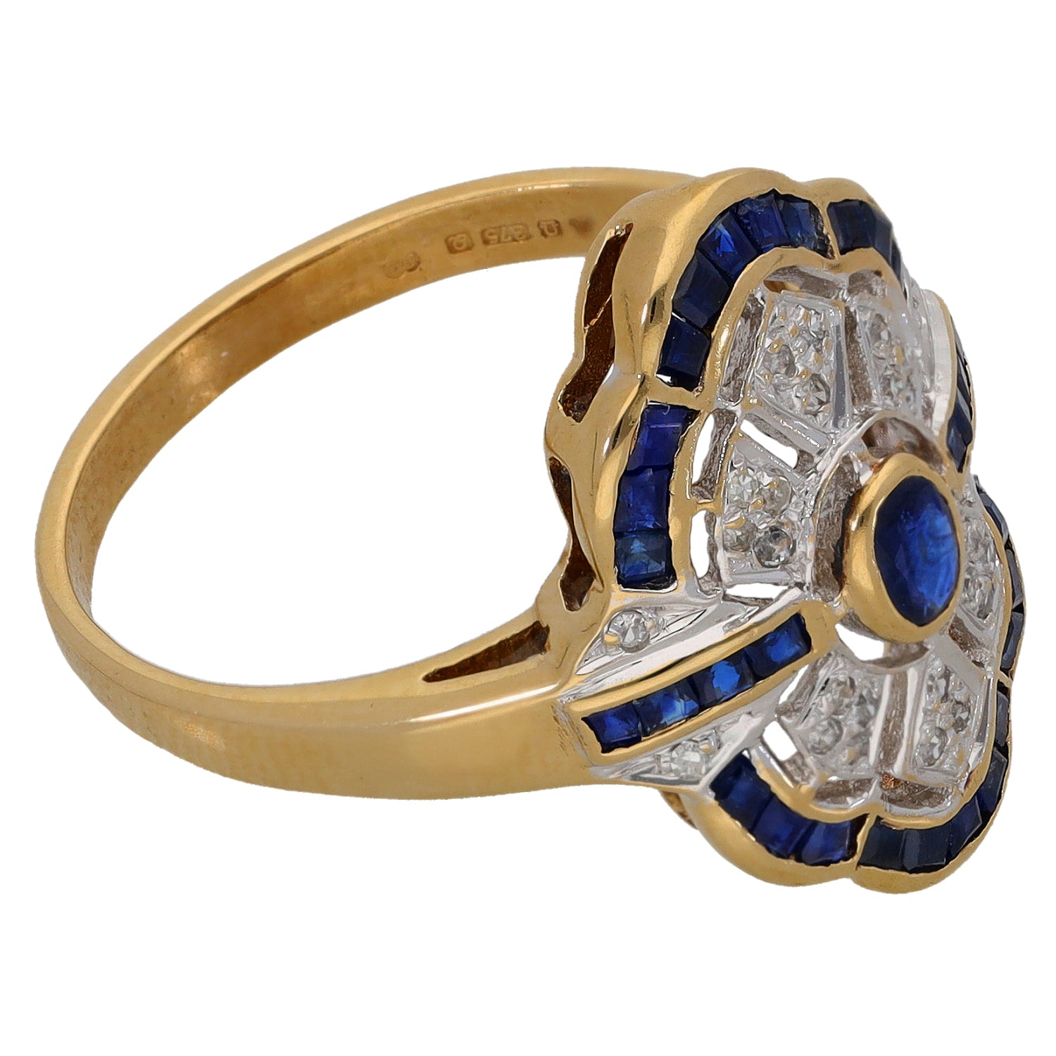 9ct gold ring with round blue sapphire and diamond cluster, size P