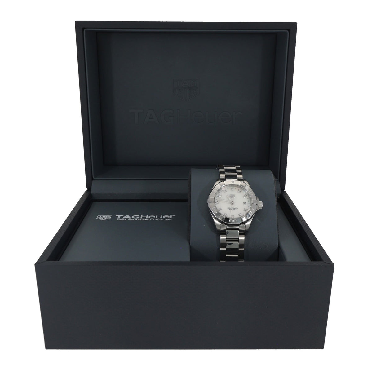Tag Heuer Aquaracer WBD1414 Stainless steel wristwatch with white dial displayed in black box