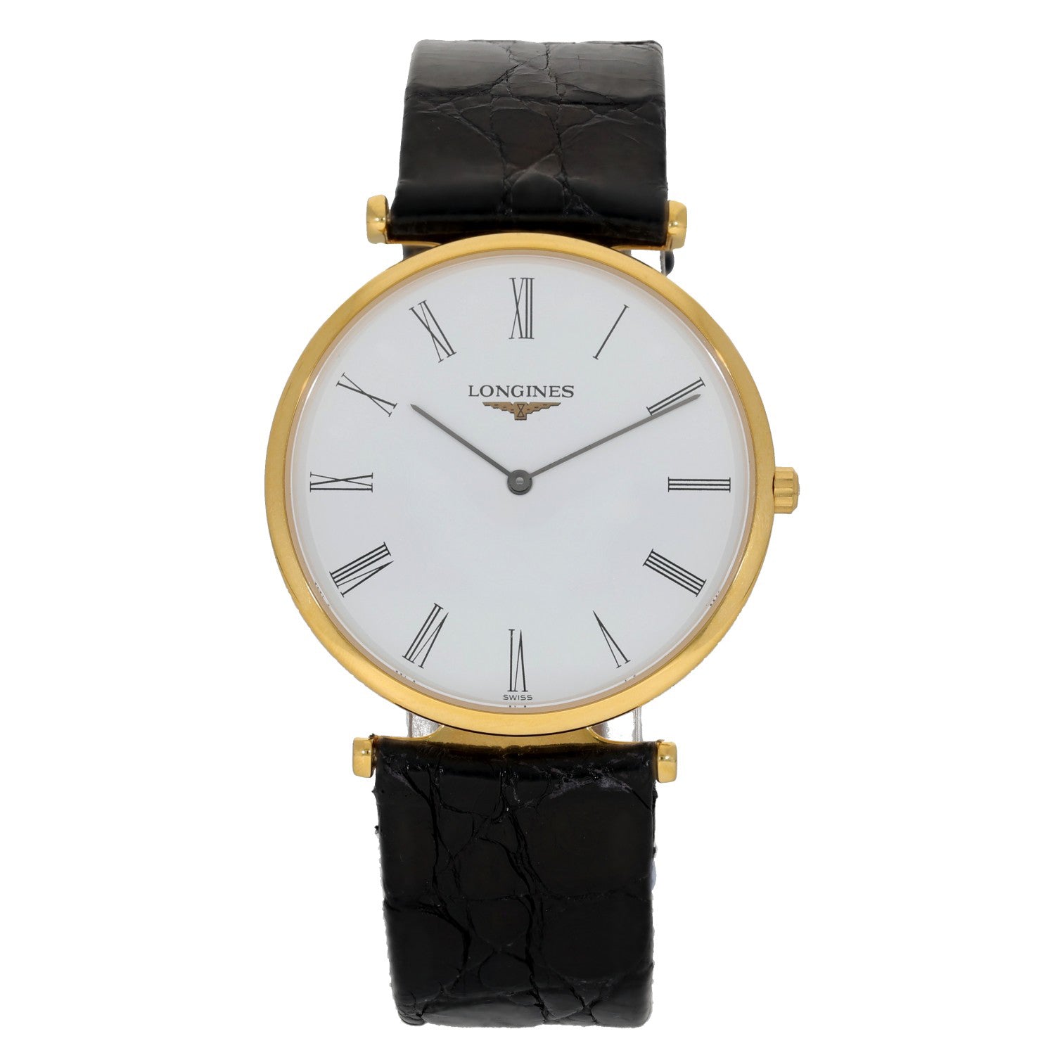 Longines La Grande Classique L4.709.2, gold plated stainless steel case, white dial, black leather bracelet