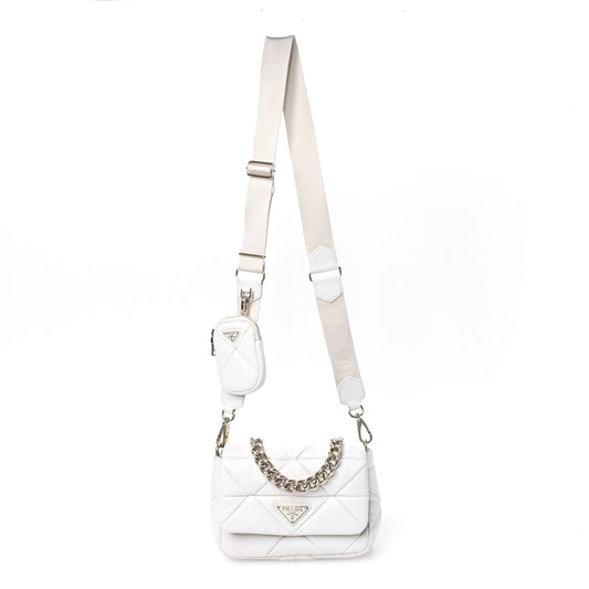 Prada Triangle Quilted Patchwork System Flap Nappa Re-Nylon Bag - White