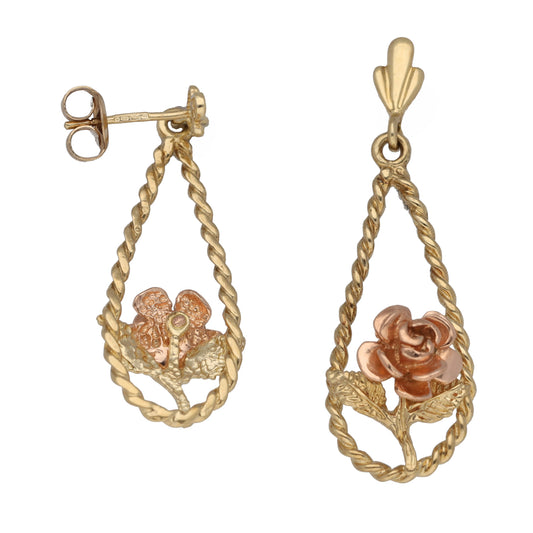 9ct Gold Flower Drop Earrings