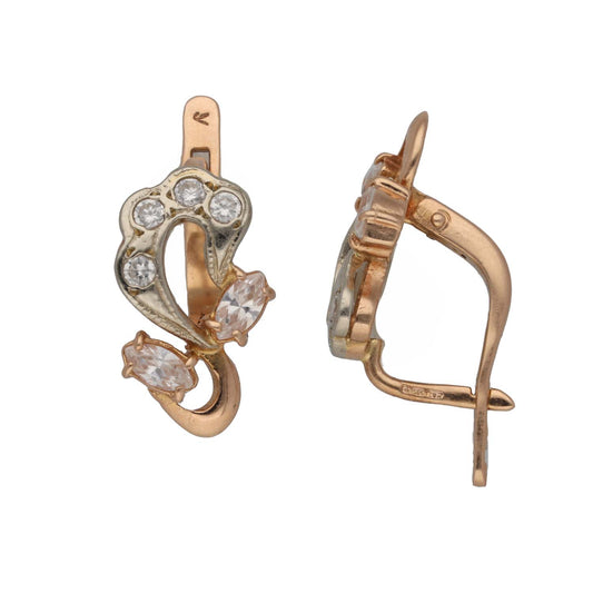 Gold-tone CZ alternative earrings with leaf motif and clear stones, lever backs