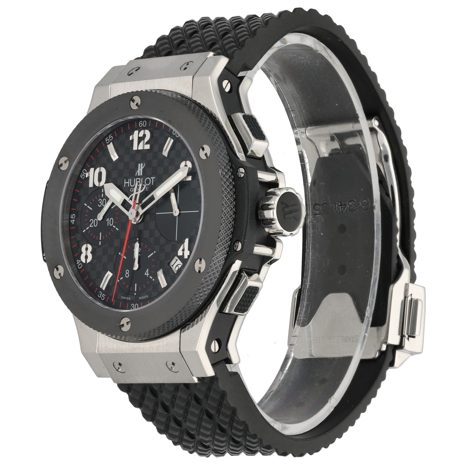 Hublot Big Bang 342.SB.131.RX, carbon fibre case, with adjustable rubber bracelet in black, front three quarter angle