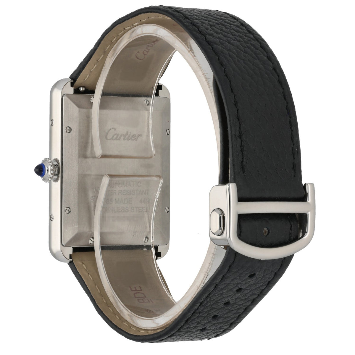 Cartier Tank Solo WSTA0040, stainless steel case on black leather bracelet