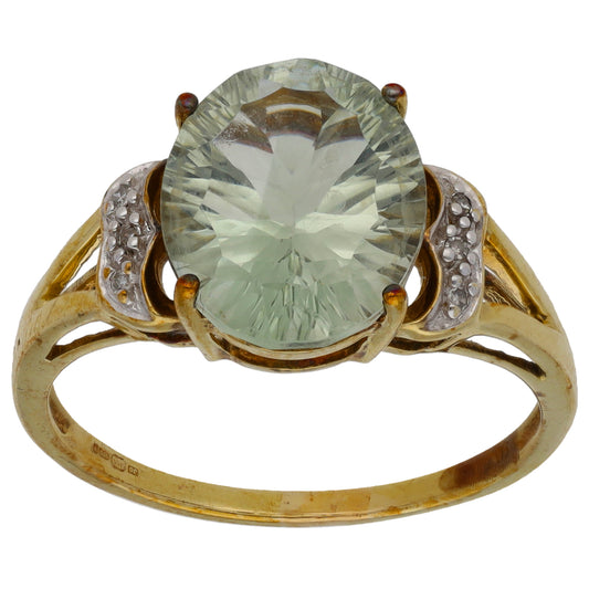 9ct Gold 0.03ct Diamond & Green Quartz Dress/Cocktail Ring Size R