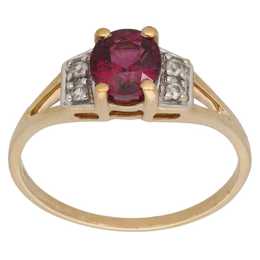 9ct Gold Garnet & Imitation Gems Single Stone Ring with Accent Stones Size R