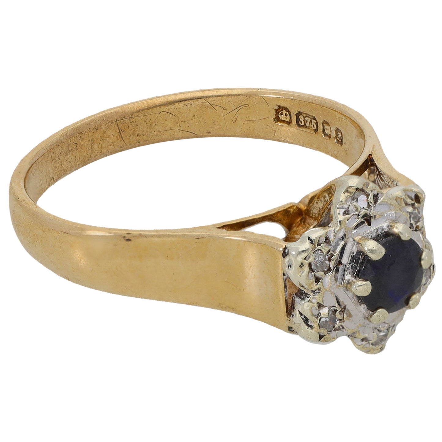 9ct Gold Sapphire & 0.03ct Diamond Cluster Ring Size N