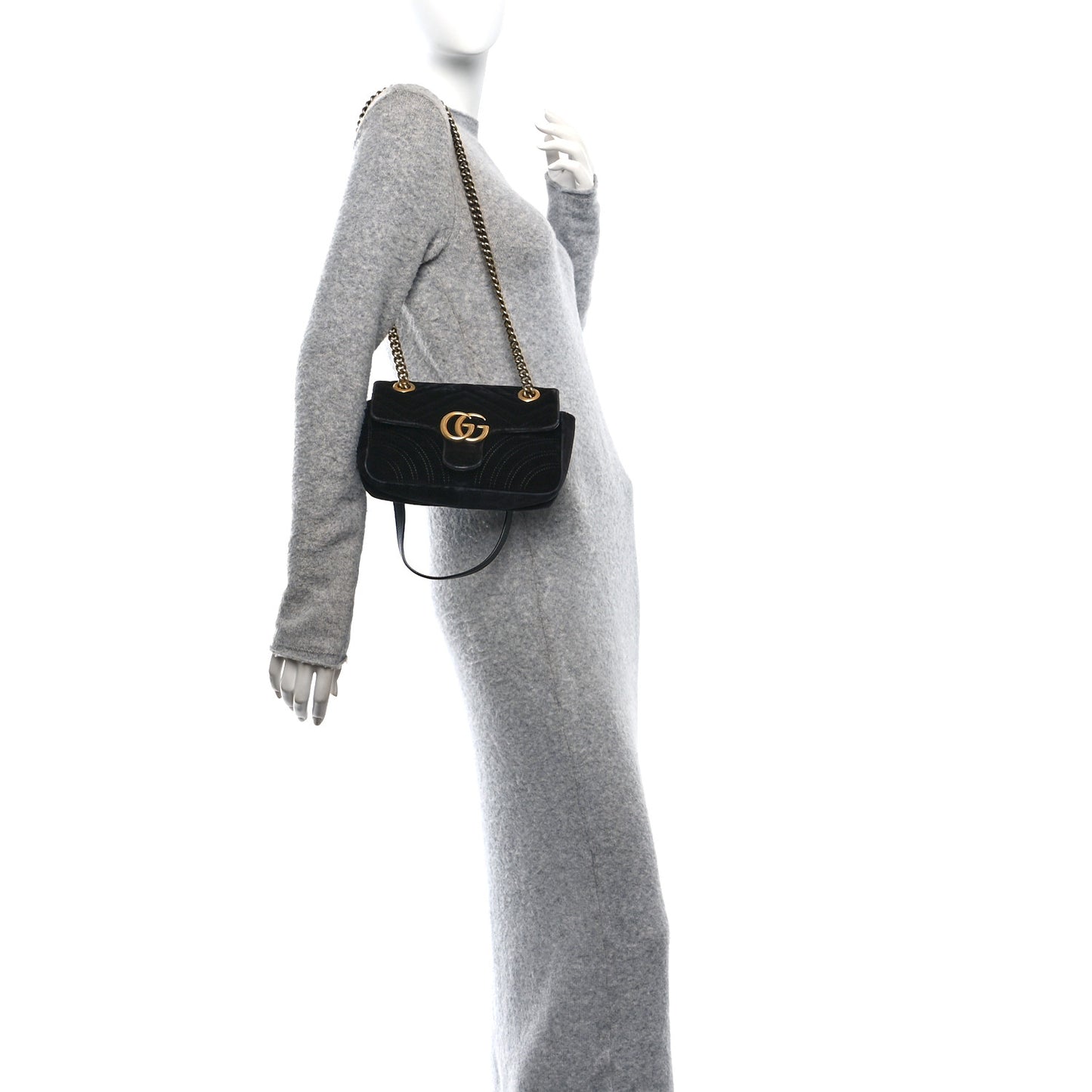 Gucci Velvet Matelasse Medium GG Marmont Shoulder Bag - Black