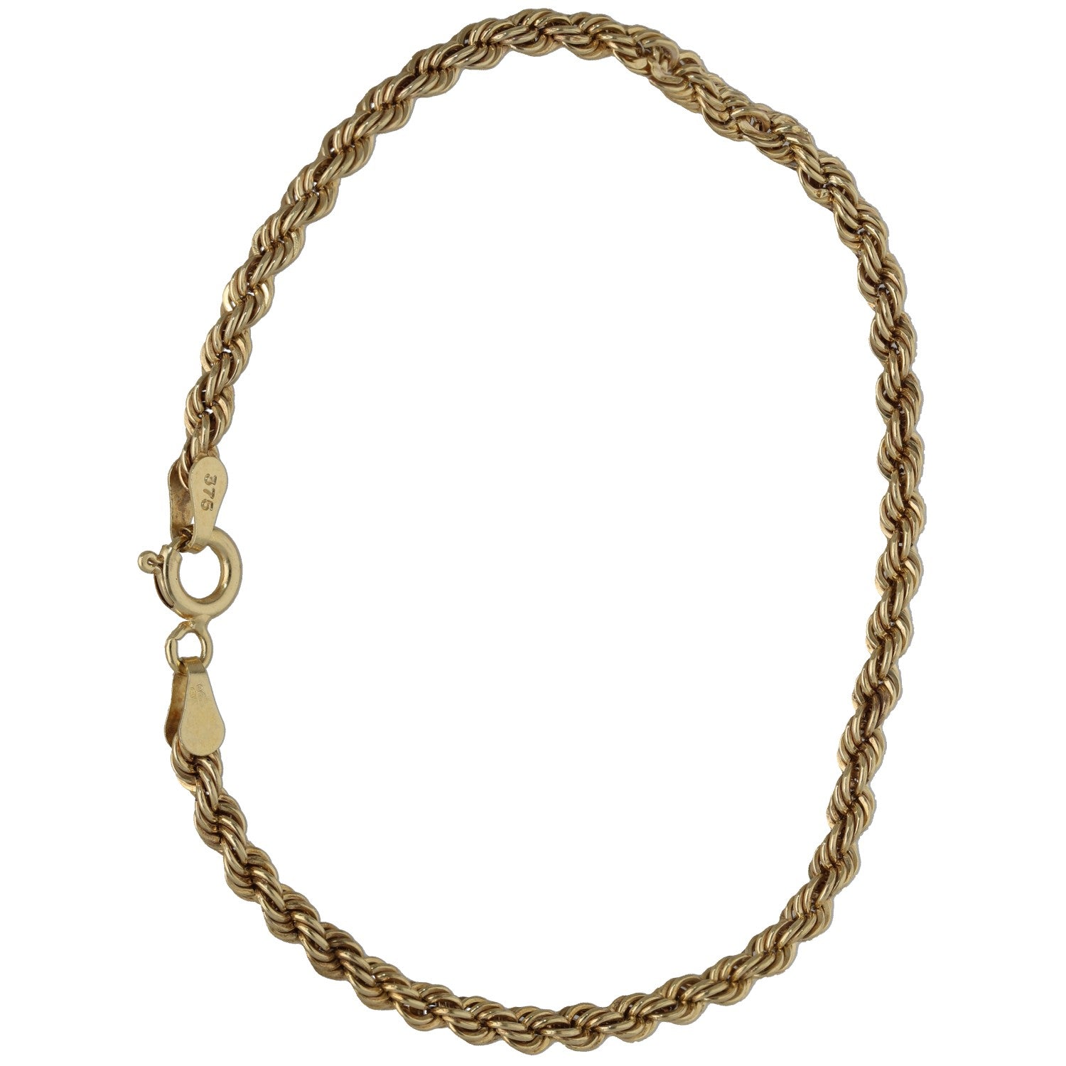 Gold rope chain bracelet with spring-ring clasp and small hallmark tags