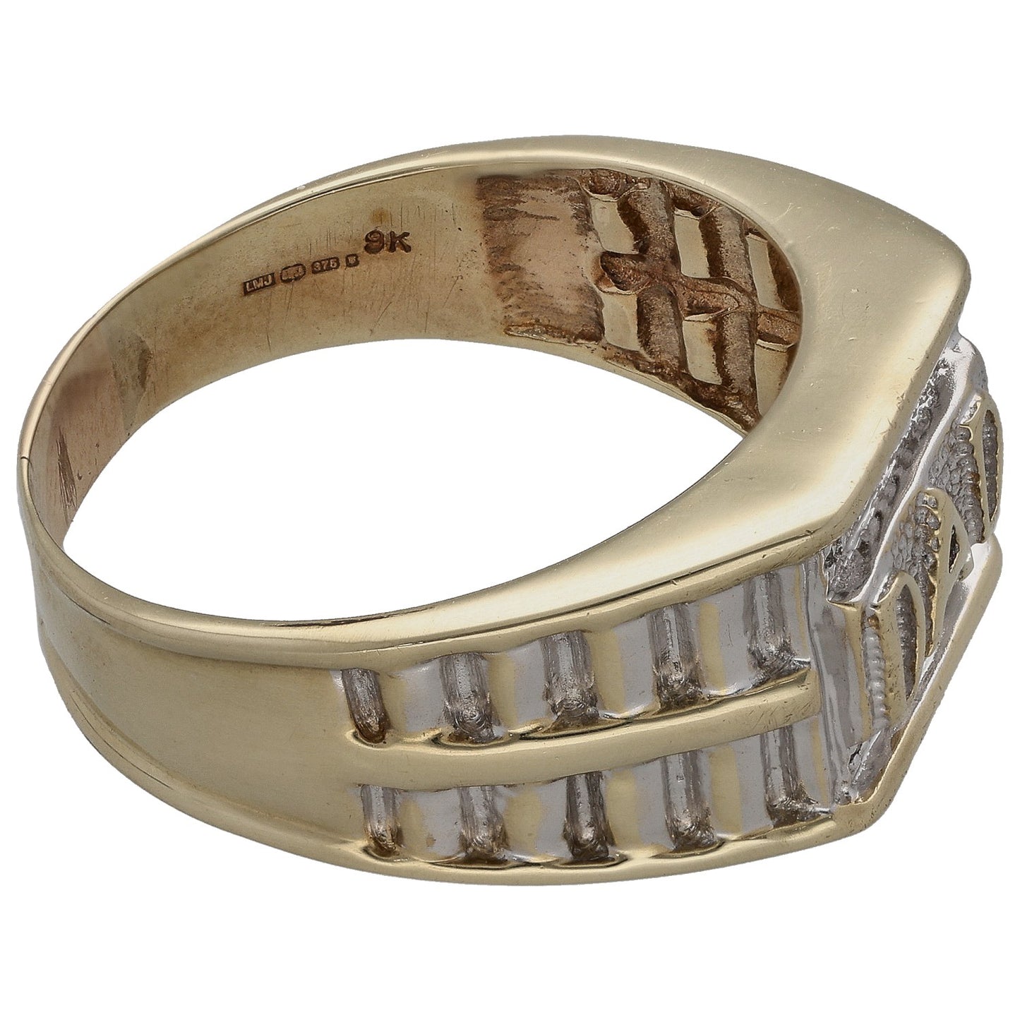 Gold band with engraved mark on inner side and set round diamonds along top edge