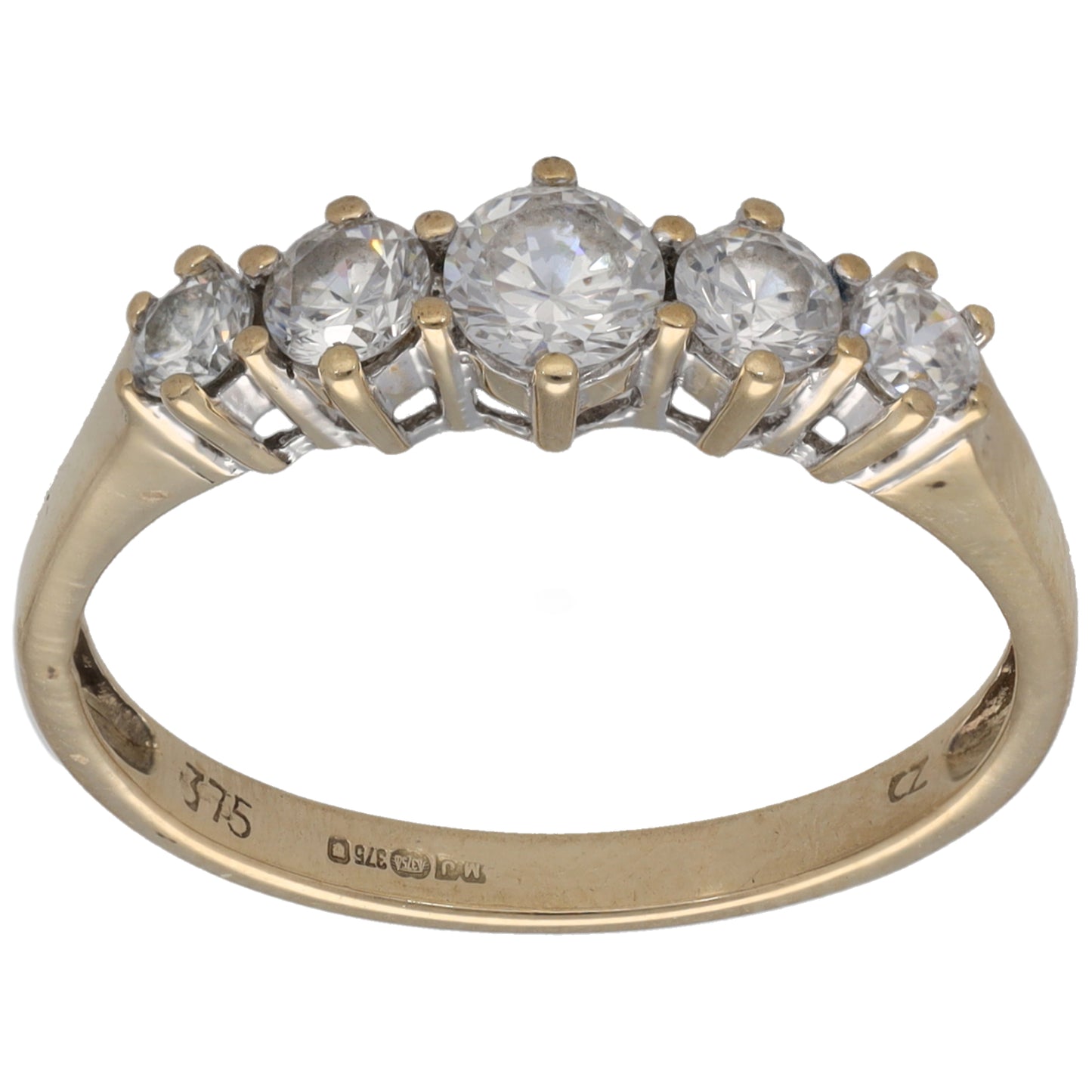 Gold half-eternity CZ ring with round clear stones in gold bezel settings