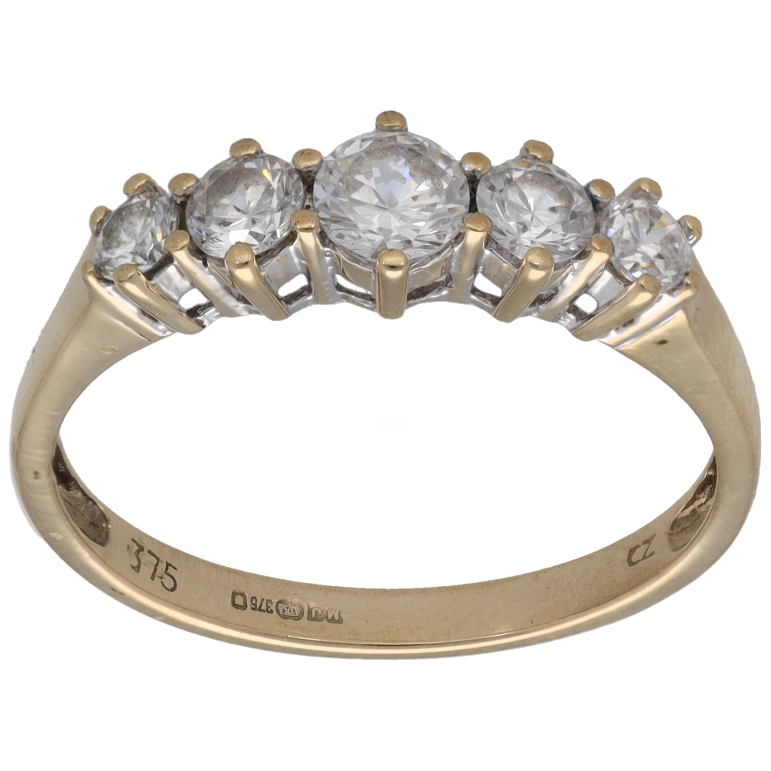 Gold half-eternity CZ ring with round clear stones in gold bezel settings