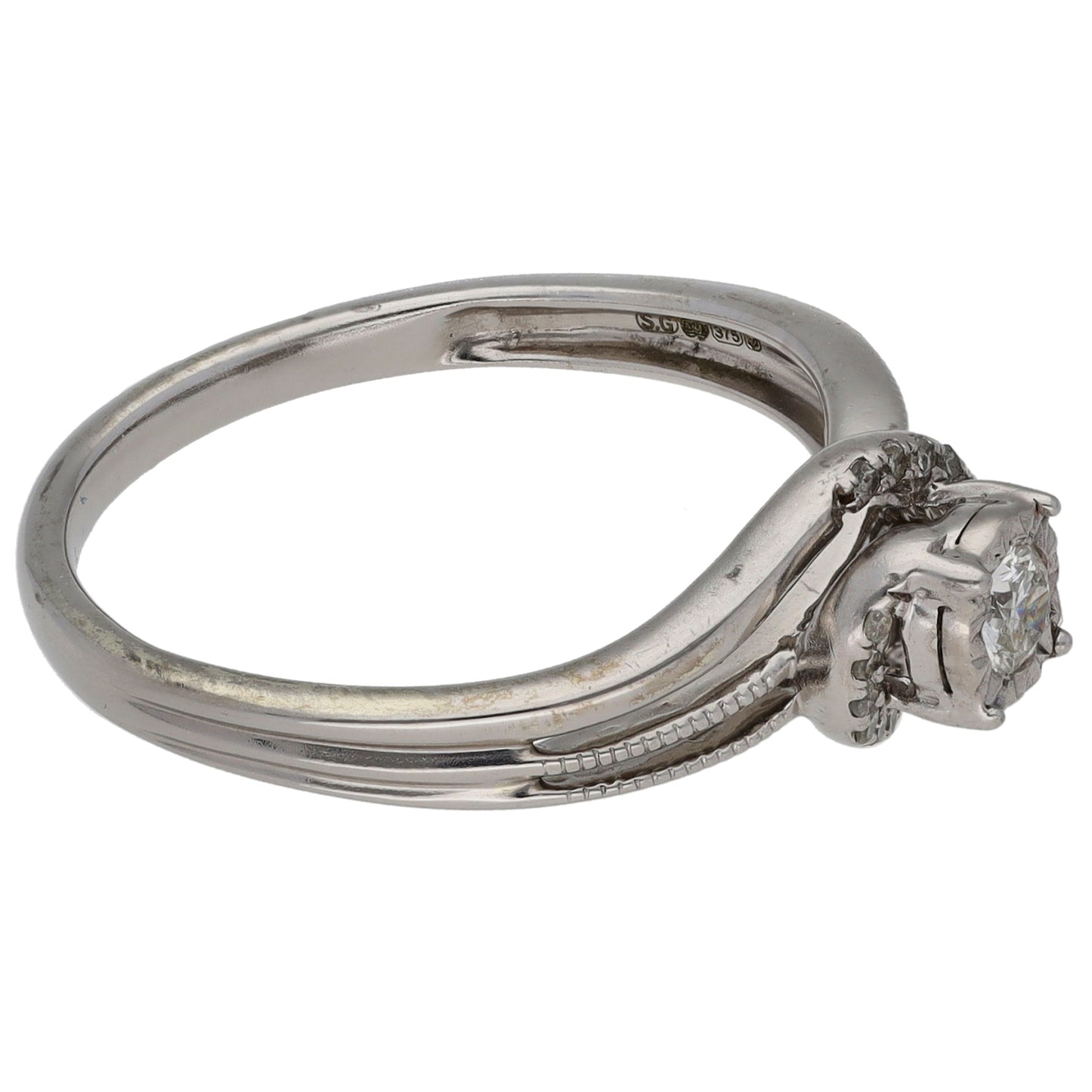 9ct White Gold 0.15ct Diamond Solitaire Ring With Accent Stones Size M