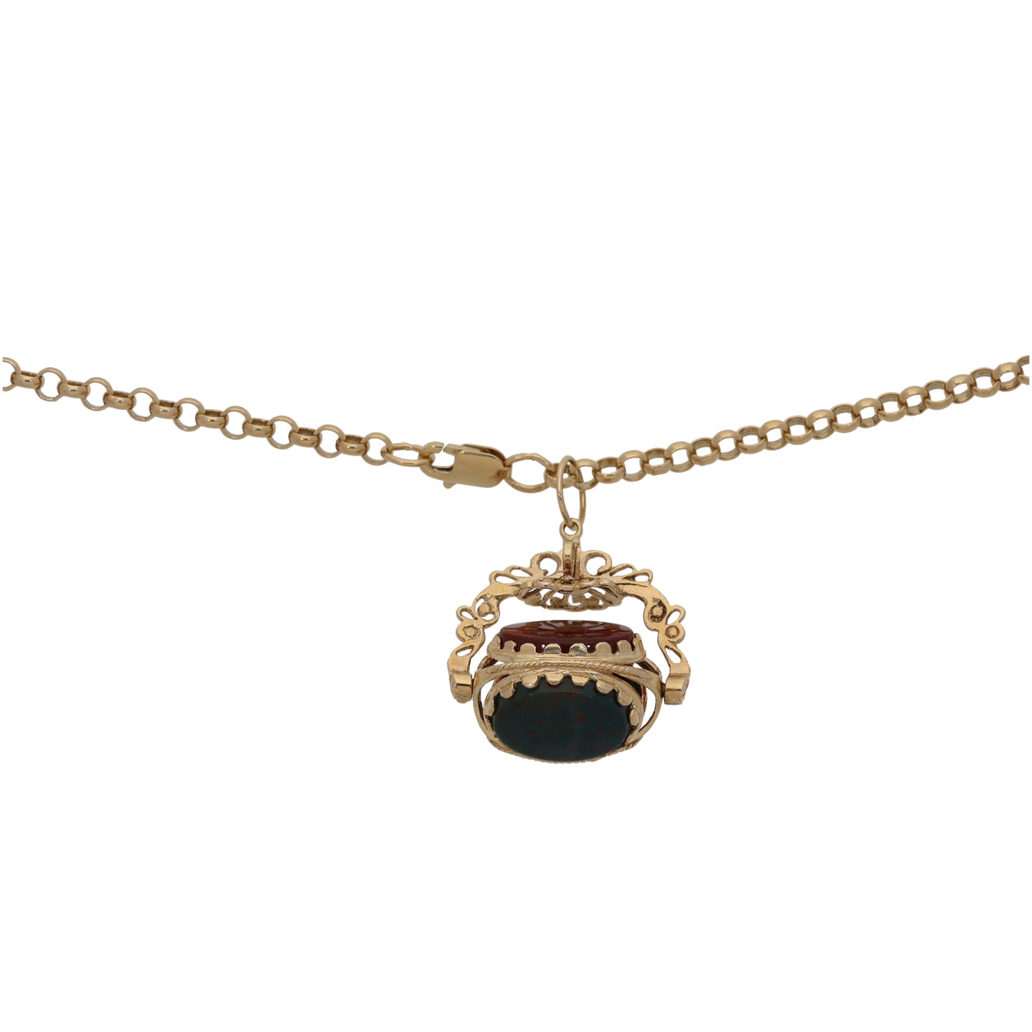 9ct Gold Onyx, Carnelian & Bloodstone Fob Pendant With Chain