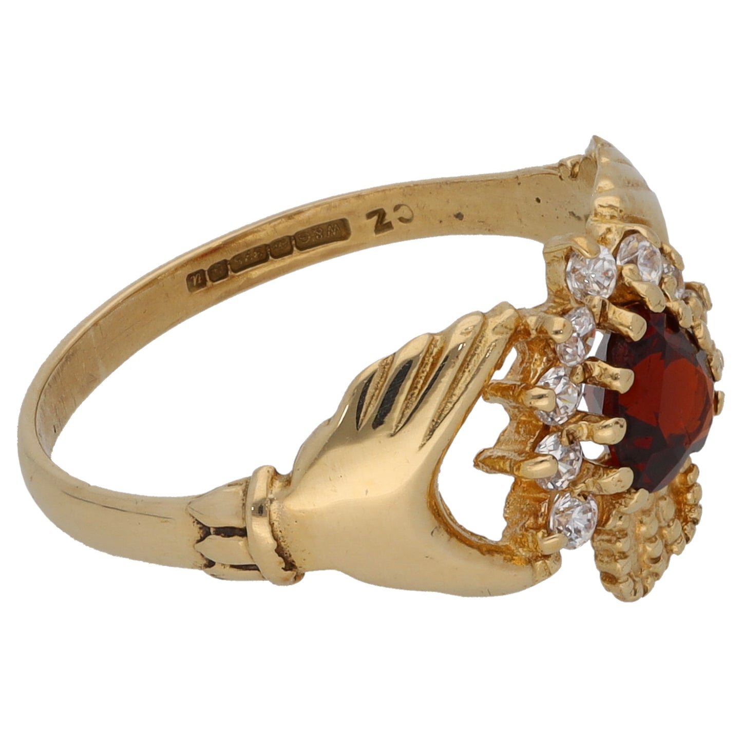 9ct Gold Garnet & Cubic Zirconia Claddagh Ring Size M