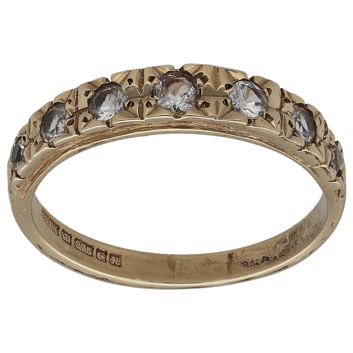 9ct gold half-eternity ring with clear CZ stones, round-cut, size M