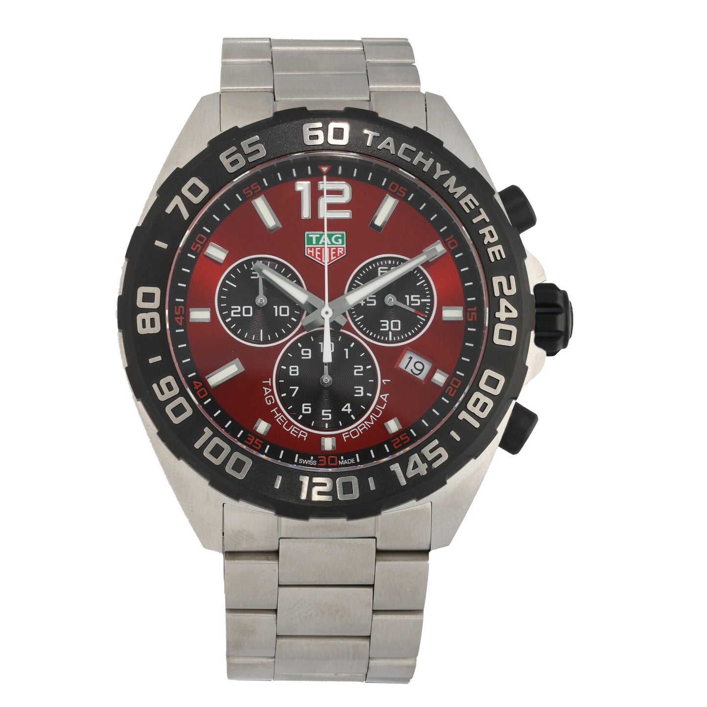 Tag Heuer Formula 1 CAZ101AN stainless steel watch with red chronograph dial and subdials, link bracelet