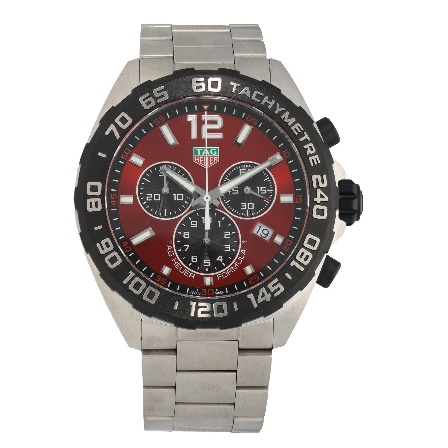 Tag Heuer Formula 1 CAZ101AN stainless steel watch with red chronograph dial and subdials, link bracelet
