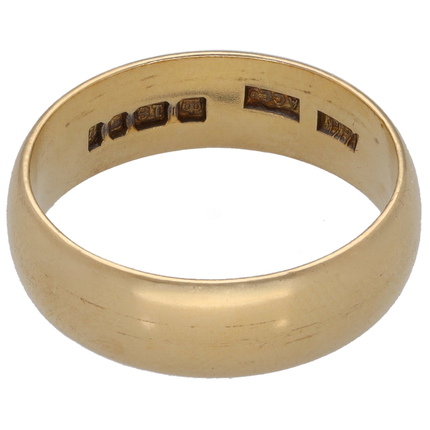 18ct yellow gold wedding ring with etched interior markings, size K