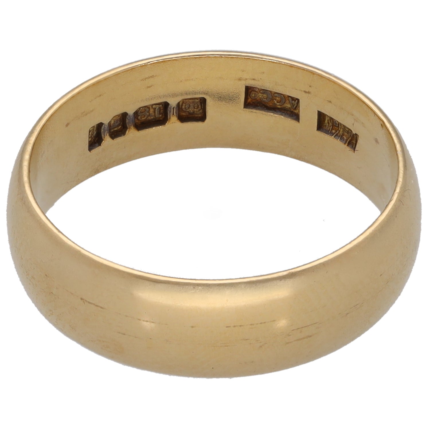 18ct yellow gold wedding ring with etched interior markings, size K