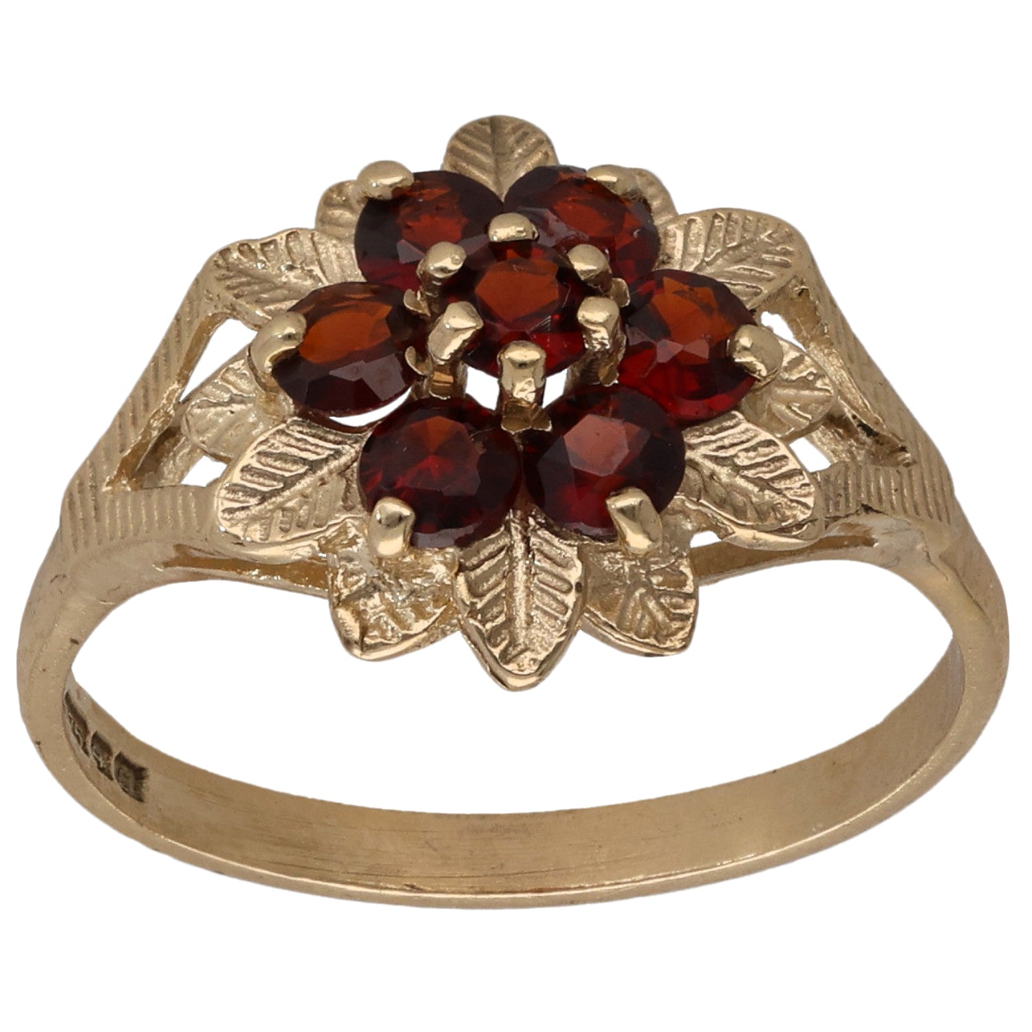 9ct gold garnet cocktail ring with dark red gemstone cluster and ornate leaf setting