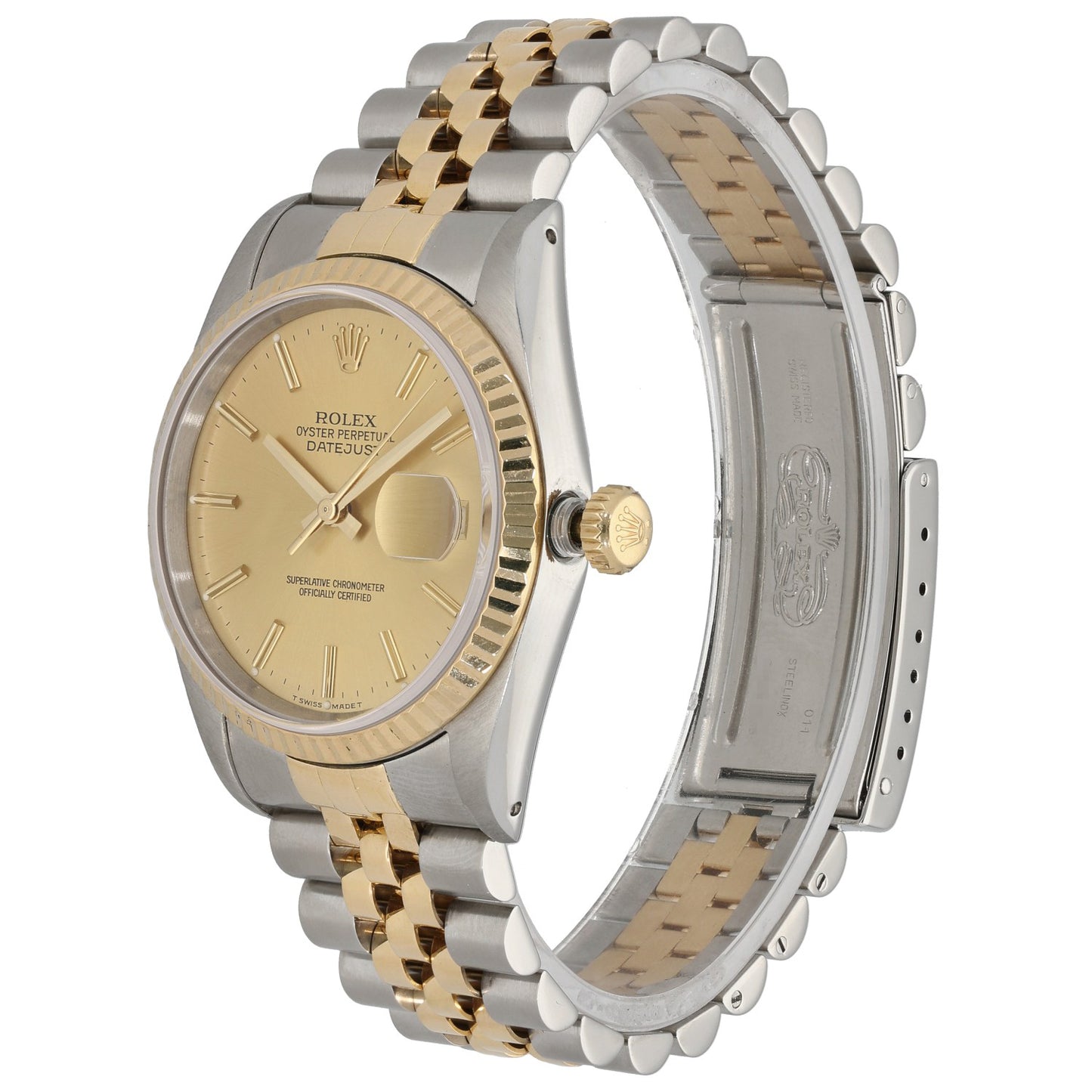 Rolex Datejust 16233 two-tone watch with champagne dial, side view of case and crown
