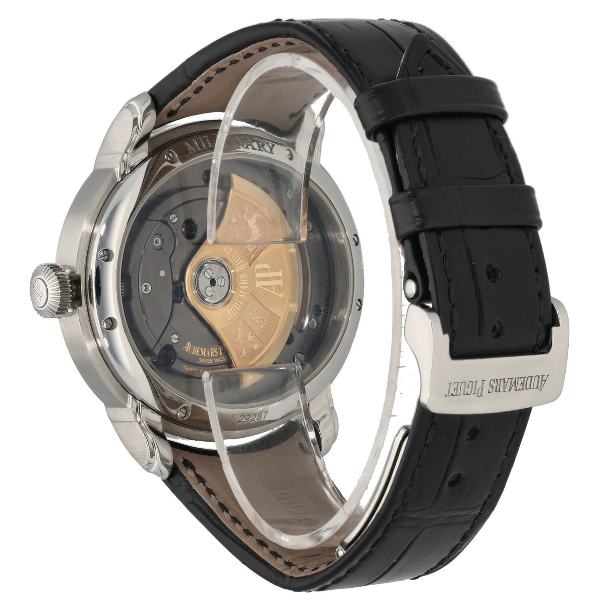 Audemars Piguet Millenary 15350ST.OO.D002CR.01, open caseback with black leather bracelet on a stainless steel case